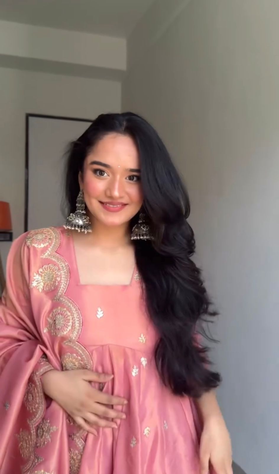 Elegant Rose Pink Anarkali Dress with Golden Embroidery – Traditional Festive Wear